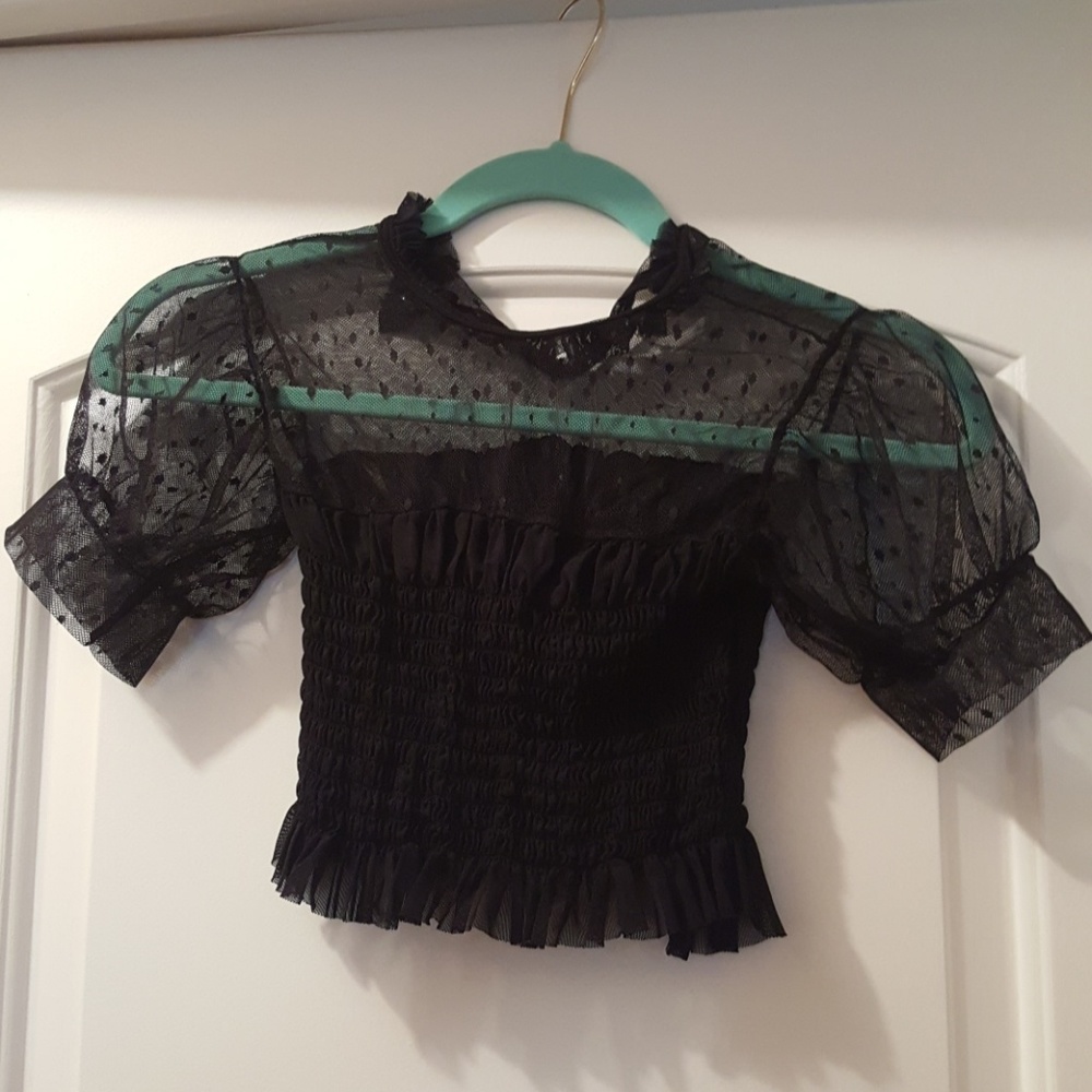 Black frill lace blouse with polka dots